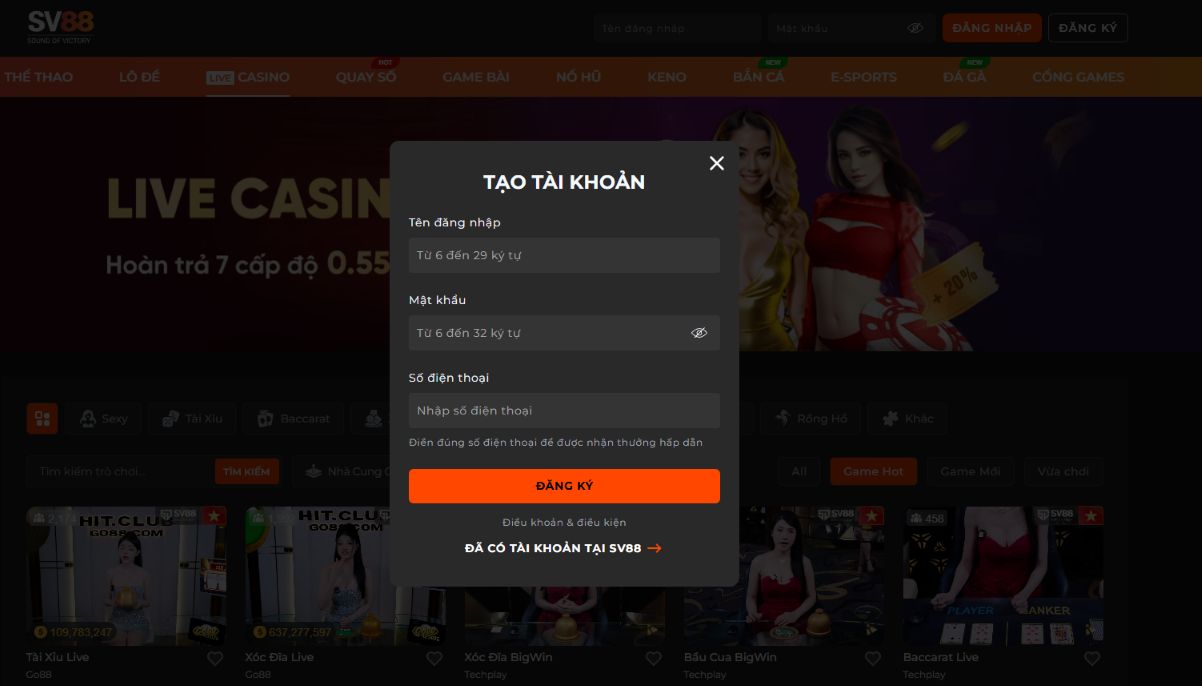 Các bước đăng ký tài khoản cá cược ở sv88