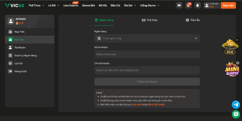 Các bước rút tiền nhanh chóng tại VIC88